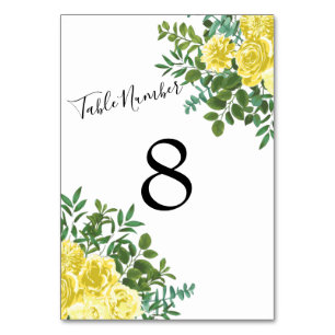 Hochzeitsfeier mit hellgelber Pastelle und Rose Tischnummer