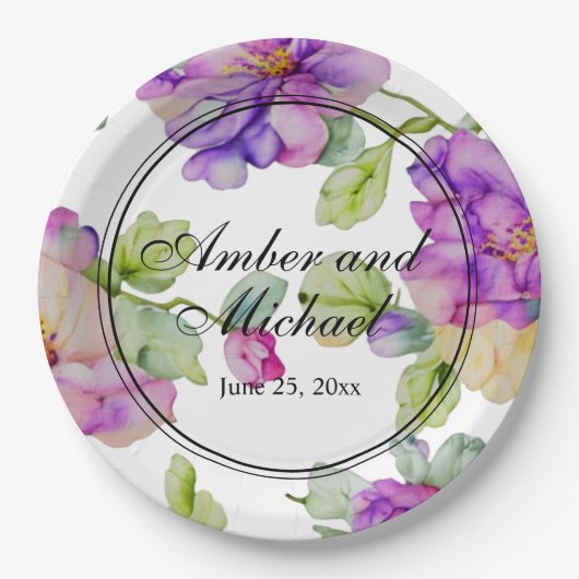 Hochzeitsfeier mit lila Aquarell in Rosa Pappteller (Vorderseite)