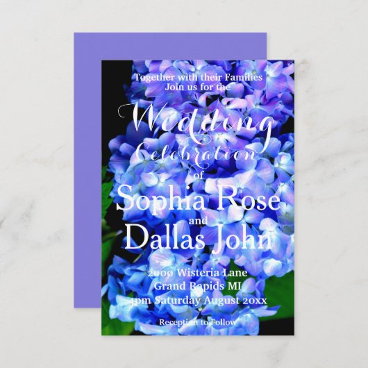 Hochzeitsfeier mit lila blauen Hydrangea Einladung (Vorne/Hinten)