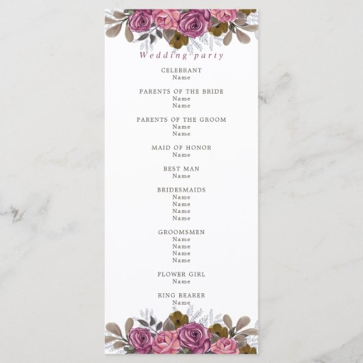 Hochzeitsfeier mit lila Rose Programm (Rückseite)