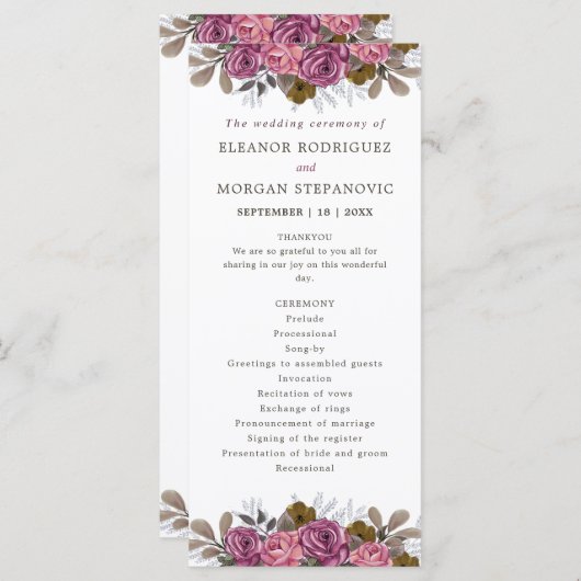 Hochzeitsfeier mit lila Rose Programm (Vorne/Hinten)