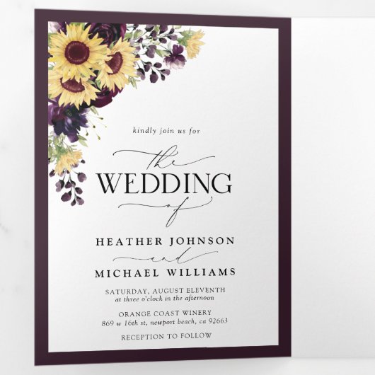 Hochzeitsfeier mit Lila Sonnenblume Dreifach Gefaltete Einladung (Innen Erste Seite)