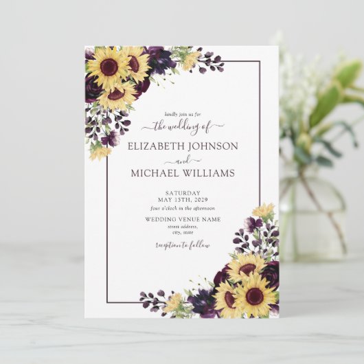 Hochzeitsfeier mit Lila Sonnenblume Einladung (Stehend Vorderseite)