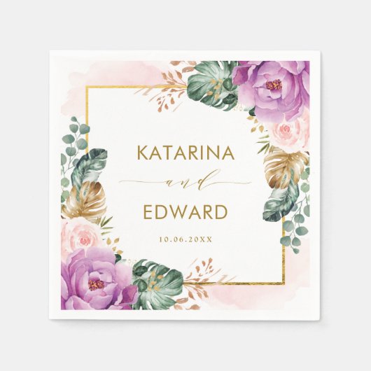 Hochzeitsfeier mit Lila tropischer Vegetation Serviette (Vorderseite)