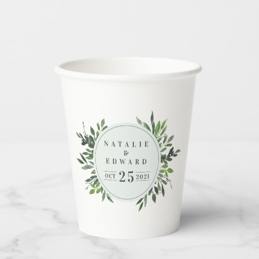 Hochzeitsfeier mit modernem, elegantem Aquarellbil Pappbecher (Vorderseite)