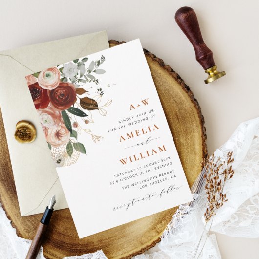 Hochzeitsfeier mit moderner Terrakotta und Grün Einladung