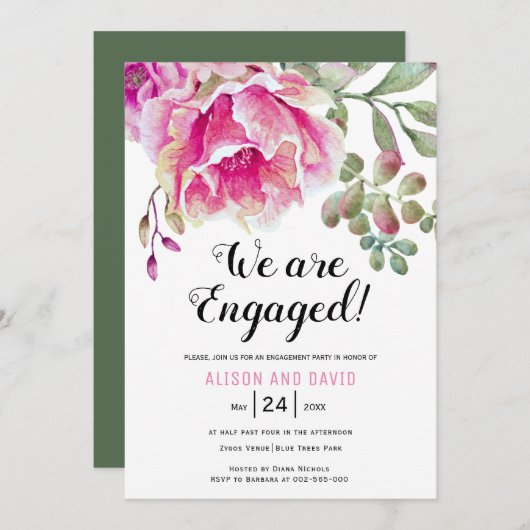 Hochzeitsfeier mit rosa Aquarellfarben Einladung (Vorne/Hinten)