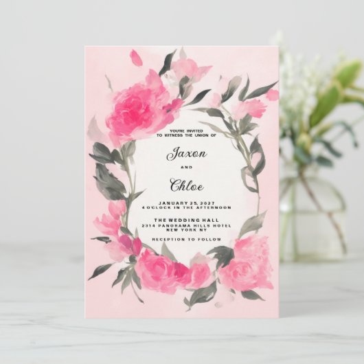 Hochzeitsfeier mit rosa Blumenmotiv Einladung (Stehend Vorderseite)