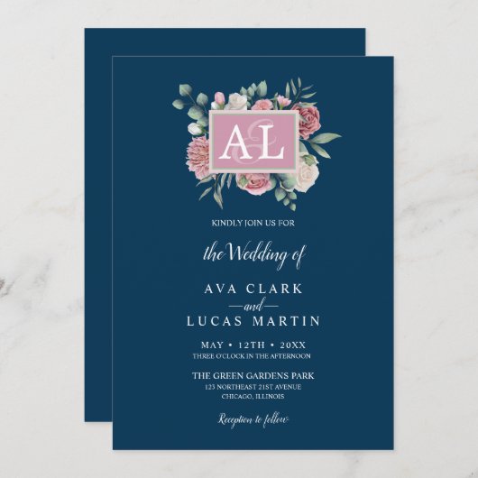 Hochzeitsfeier mit rosa Blumenrahmen Einladung (Vorne/Hinten)
