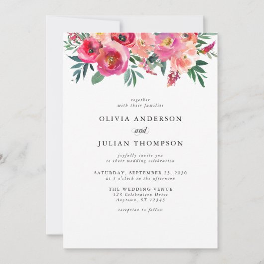 Hochzeitsfeier mit rosa Blüten und rotem Blumenwas Einladung (Vorderseite)