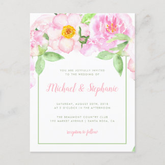 Hochzeitsfeier mit rosa Peonies Einladungspostkarte