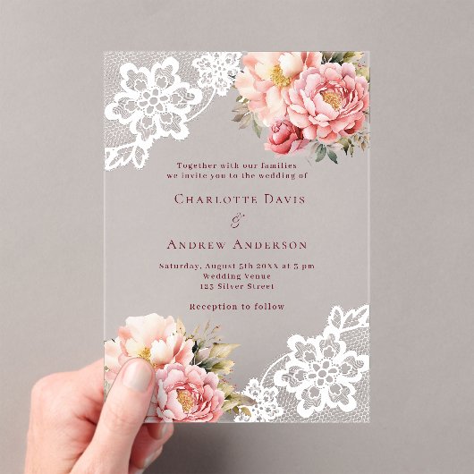 Hochzeitsfeier mit rosa Pfirsichblumen Acryleinladungen (Insitu (Handheld))