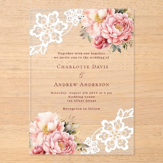 Hochzeitsfeier mit rosa Pfirsichblumen Acryleinladungen (Vorderseite)