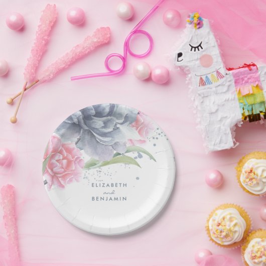 Hochzeitsfeier mit rosa und dunkelblauer Wasserfar Pappteller (Party)