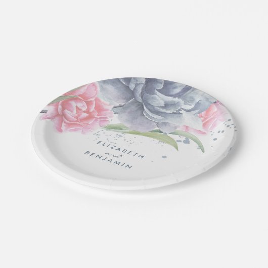 Hochzeitsfeier mit rosa und dunkelblauer Wasserfar Pappteller (Schrägansicht)