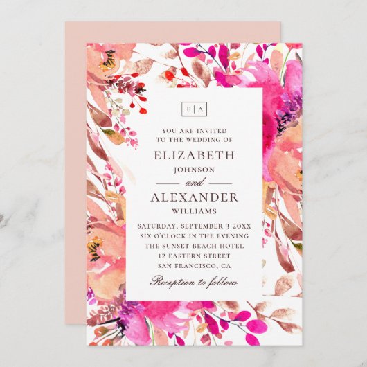 Hochzeitsfeier mit Rosa und Pfirsichblumen Einladung (Vorne/Hinten)