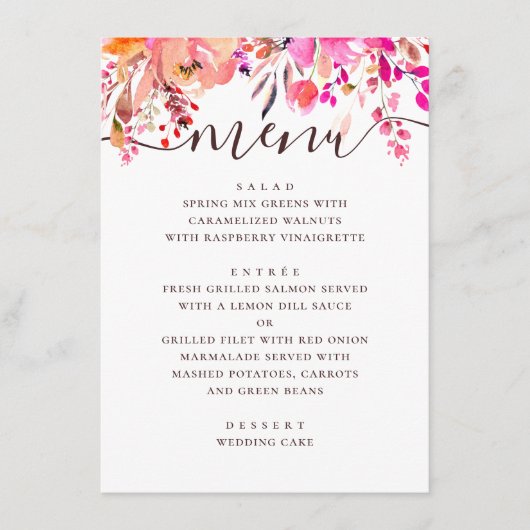 Hochzeitsfeier mit Rosa und Pfirsichblumen Menükarte (Vorderseite)