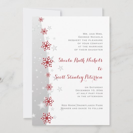 Hochzeitsfeier mit Rot- und Silberschneeflocken Einladung (Vorderseite)