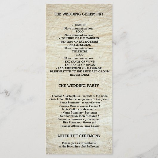 Hochzeitsfeier mit rustikalem Baumholz Programm (Rückseite)