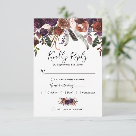 Hochzeitsfeier mit rustikalem Pflaumenblättern RSVP Karte (Stehend Vorderseite)