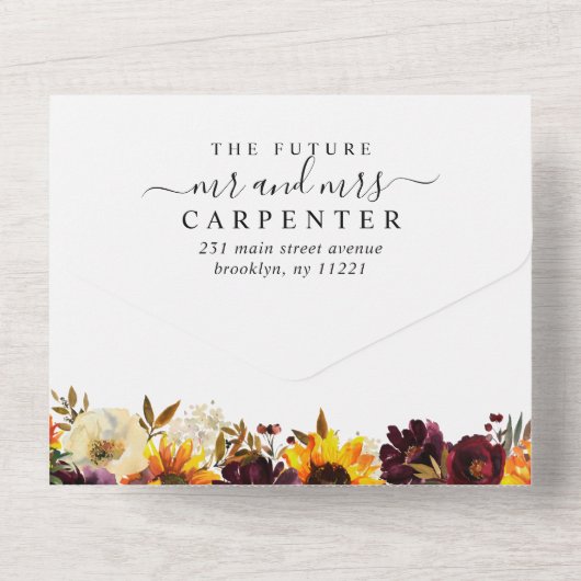 Hochzeitsfeier mit rustikaler Sonnenblume All In One Einladung (Rückseite)