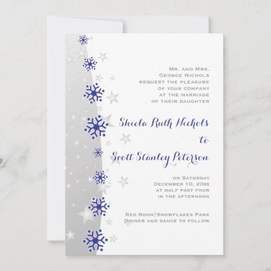 Hochzeitsfeier mit Schneeflocken in Blau und Silbe Einladung (Vorderseite)