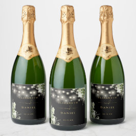 Hochzeitsfeier mit schwarzem Gold-Blumengrün Schaumweinetikett