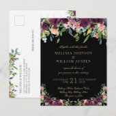 Hochzeitsfeier mit schwarzer Flora im Burgund Einladungspostkarte (Vorne/Hinten)