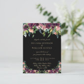 Hochzeitsfeier mit schwarzer Flora im Burgund Einladungspostkarte (Stehend Vorderseite)