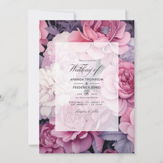 Hochzeitsfeier mit Silber und weich rosa Blütenfed Einladung (Vorderseite)