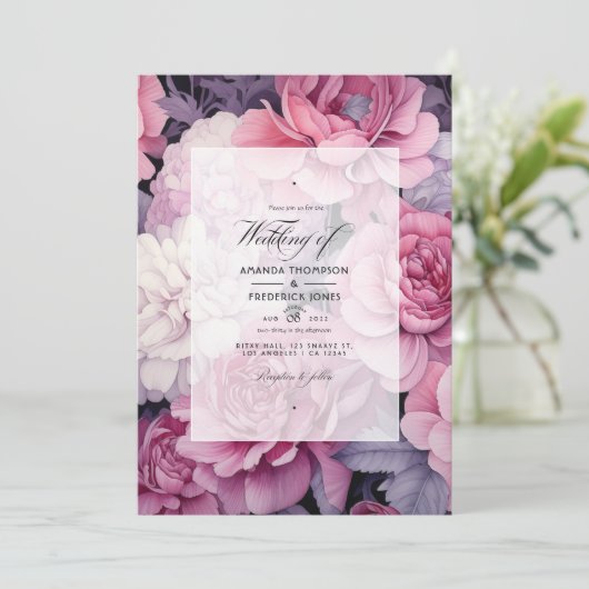 Hochzeitsfeier mit Silber und weich rosa Blütenfed Einladung (Stehend Vorderseite)