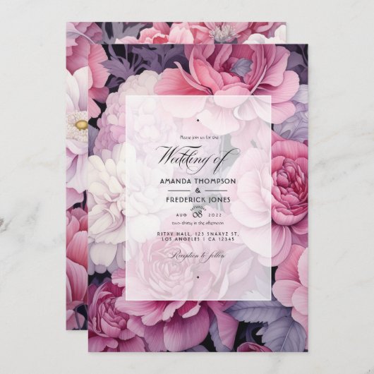 Hochzeitsfeier mit Silber und weich rosa Blütenfed Einladung (Vorne/Hinten)