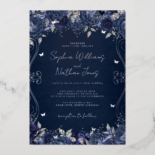 Hochzeitsfeier mit Silver Swirl Folieneinladung (Vorderseite)