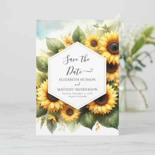 Hochzeitsfeier mit Sonnenblumen Save The Date (Stehend Vorderseite)