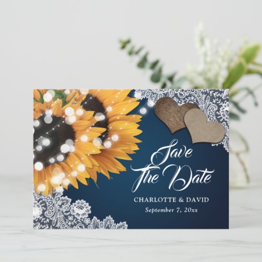 Hochzeitsfeier mit Sonnenblumen Save The Date (Stehend Vorderseite)