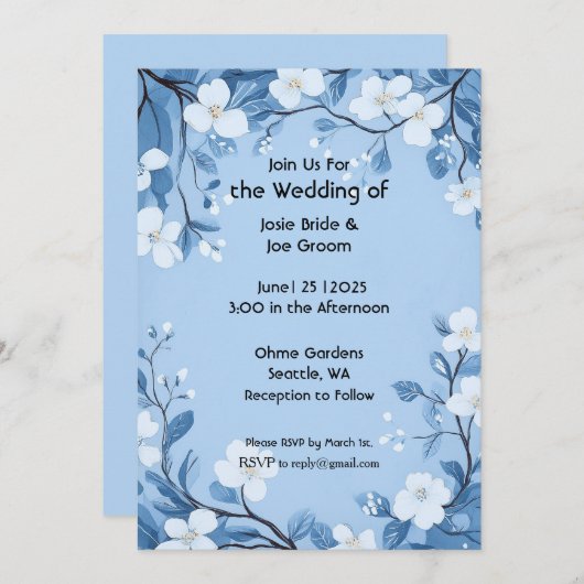 Hochzeitsfeier mit süßer und schlichter blauer Blu Einladung (Vorne/Hinten)