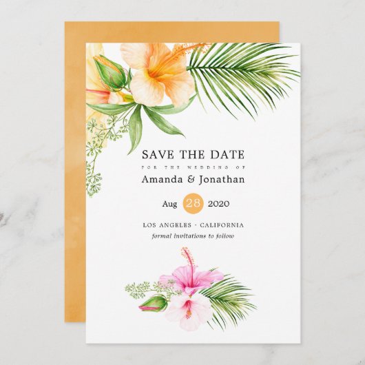 Hochzeitsfeier mit tropischem Flora Save The Date (Vorne/Hinten)
