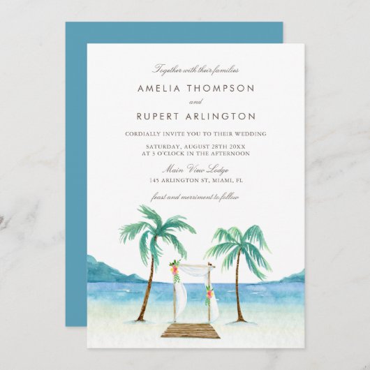 Hochzeitsfeier mit tropischem Strand Einladung (Vorne/Hinten)