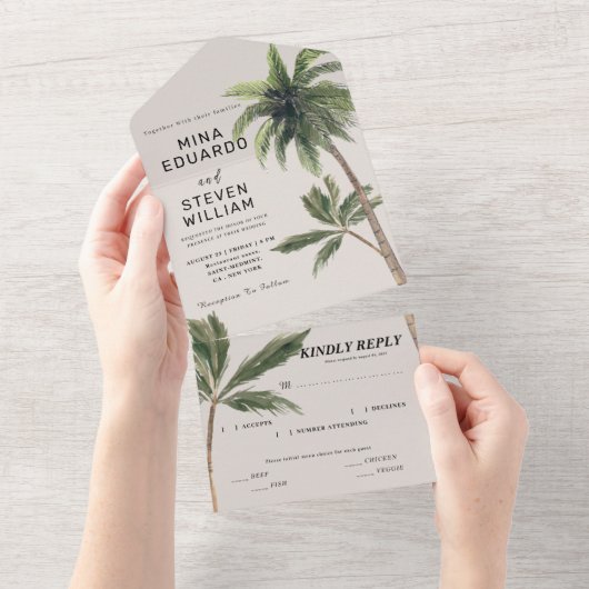 Hochzeitsfeier mit tropischen Palmen All In One Einladung (Abreißen)