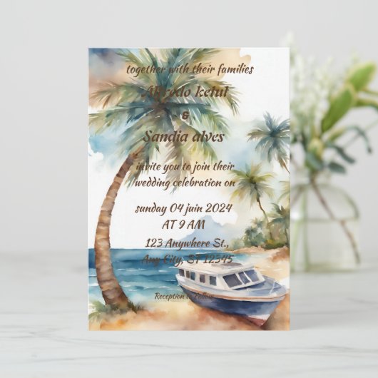 Hochzeitsfeier mit tropischer Strandpalme Einladung (Stehend Vorderseite)