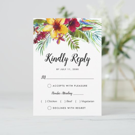 Hochzeitsfeier mit tropischer Vegetation RSVP Karte (Stehend Vorderseite)