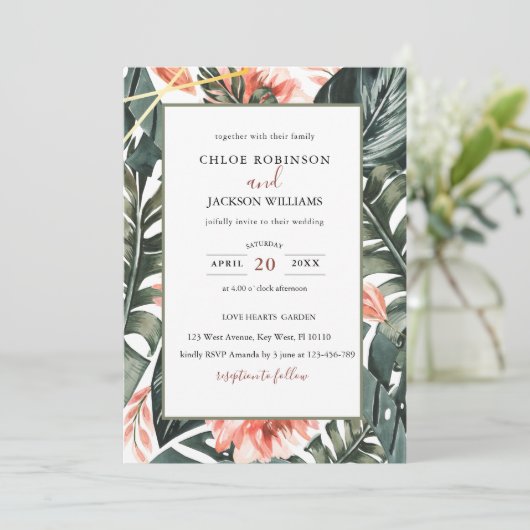 Hochzeitsfeier mit tropischer Vegetation Save The Date (Stehend Vorderseite)