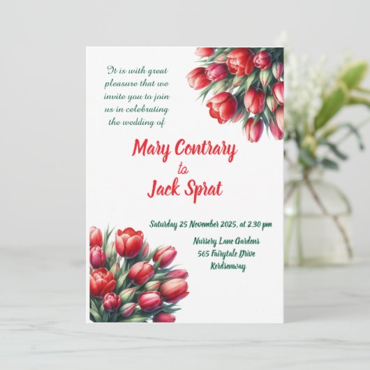 Hochzeitsfeier mit Tulpenbouquet Einladung (Stehend Vorderseite)