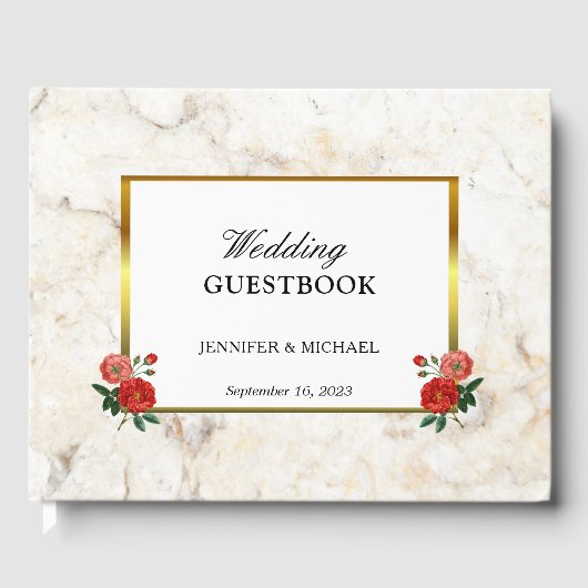 Hochzeitsfeier mit Vintagen rote Rosen aus weißem Gästebuch (Vorderseite)