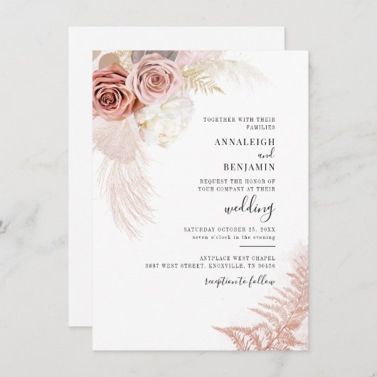 Hochzeitsfeier mit Wasserfarbe Pampas Einladung (Vorne/Hinten)