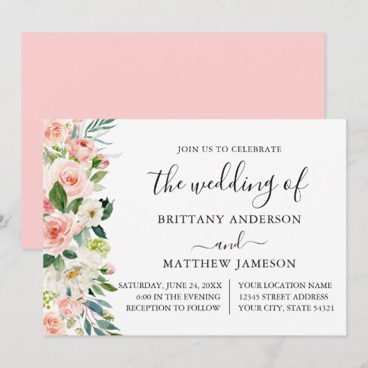 Hochzeitsfeier mit Wasserfarbe Rosa Blütenblütenka Einladung (Vorne/Hinten)