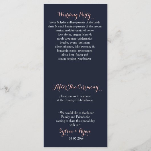 Hochzeitsfeier mit Wasserfarben-Navy-Blush Programm (Rückseite)