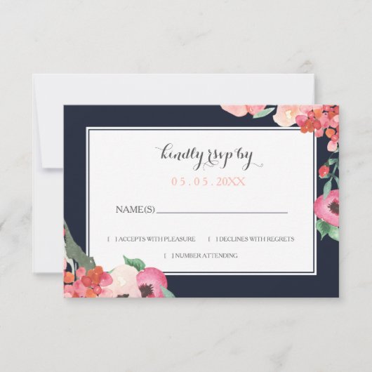Hochzeitsfeier mit Wasserfarben-Navy-Blush RSVP Karte (Vorderseite)