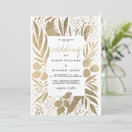 Hochzeitsfeier mit weißem Blattgold Einladung (Stehend Vorderseite)