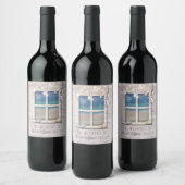 Hochzeitsfeier mit weißem Holzfenster am tropische Weinetikett (Flaschen)